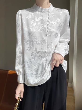 Σατινενέινο πουκάμισο με μακρύ μανίκι και V-λαιμό, σχέδιο φυτά και λουλούδια, κομψή χαλαρή γραμμή; Ύφασμα: σατέν; 80-90% πολυεστέρας; αναγεννημένη κυτταρίνη <30%