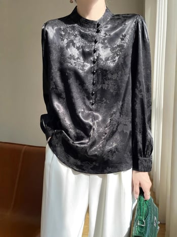 Σατινενέινο πουκάμισο με μακρύ μανίκι και V-λαιμό, σχέδιο φυτά και λουλούδια, κομψή χαλαρή γραμμή; Ύφασμα: σατέν; 80-90% πολυεστέρας; αναγεννημένη κυτταρίνη <30%