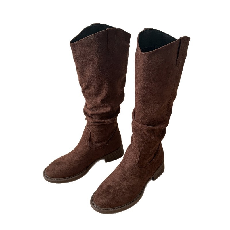 Botine fashion cu tocuri groase, înalte, stil retro, vârf rotund, material superior: velur de vițel, talpă din cauciuc, slip-on, sezon toamnă-iarnă 2025
