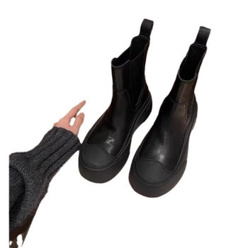 Ghete Chelsea din piele naturală, căptușite cu fleece, talpă groasă din cauciuc, gambă mid-calf, vârf rotund, închidere slip-on