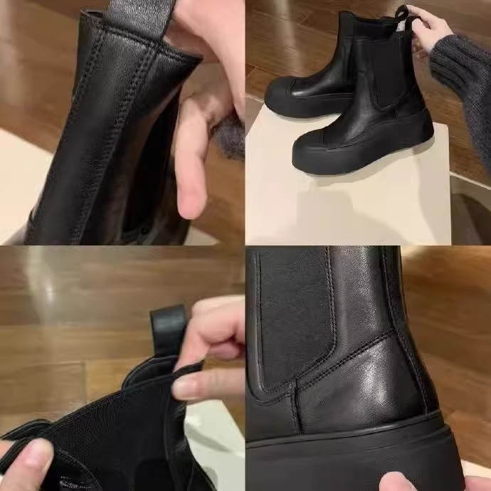 Ghete Chelsea din piele naturală, căptușite cu fleece, talpă groasă din cauciuc, gambă mid-calf, vârf rotund, închidere slip-on