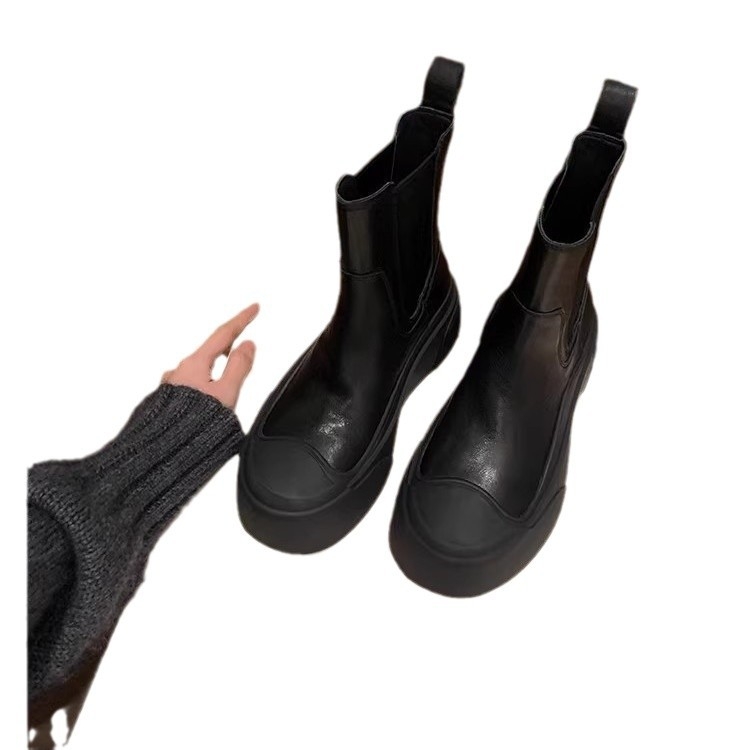 Ghete Chelsea din piele naturală, căptușite cu fleece, talpă groasă din cauciuc, gambă mid-calf, vârf rotund, închidere slip-on