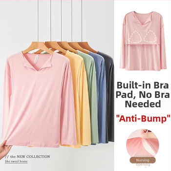 Modalový top na dojčenie s vložkou na prsník, dlhý rukáv, výstrih do V, 95% viskóza 5% spandex