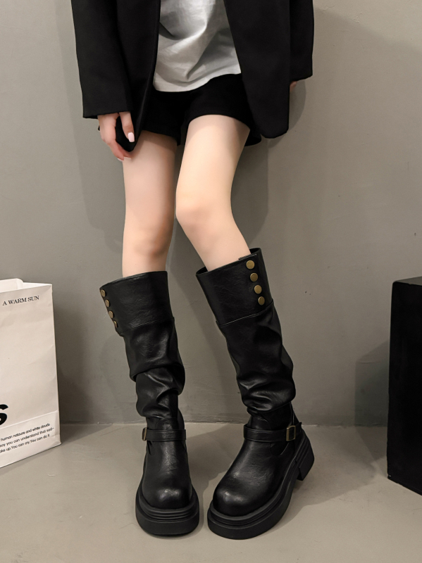 Ghete feminine de modă până la gambe, purtare dublă, PU partea superioară, talpă din cauciuc, vârf rotund, toc gros 3–5 cm