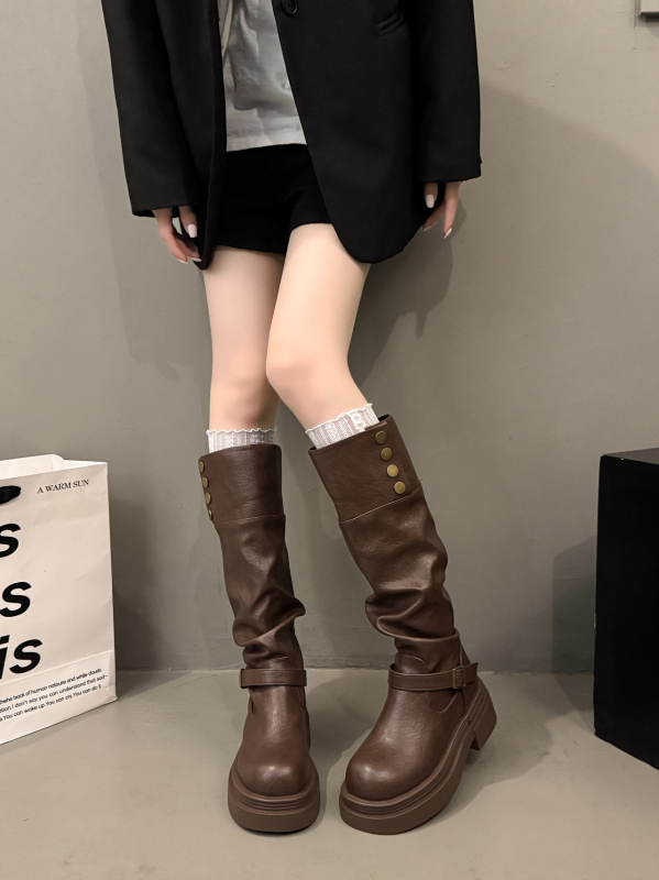 Ghete feminine de modă până la gambe, purtare dublă, PU partea superioară, talpă din cauciuc, vârf rotund, toc gros 3–5 cm