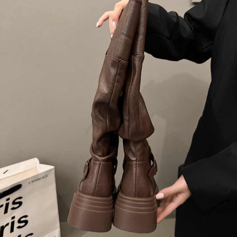 Ghete feminine de modă până la gambe, purtare dublă, PU partea superioară, talpă din cauciuc, vârf rotund, toc gros 3–5 cm