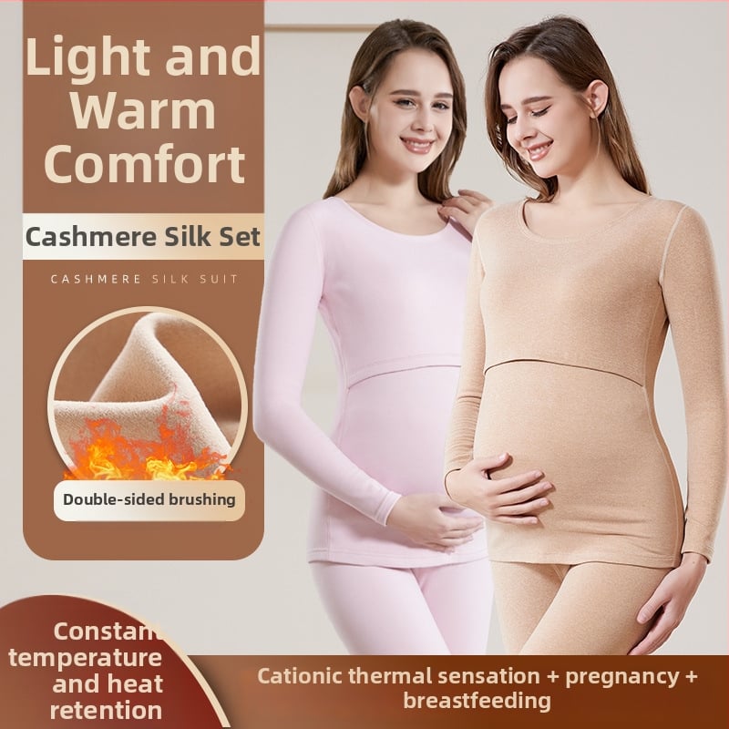 Maternitné termálne spodné prádlo s otvorom na dojčenie, kašmírová tkanina s polyestrom a viskozou, top s dlhým rukávom a dlhé nohavice, zima 2023