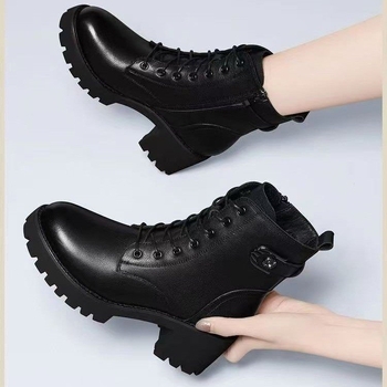 Ghete Martin cu toc gros, până la gambe, fermoar, căptușeală călduroasă, talpă din cauciuc