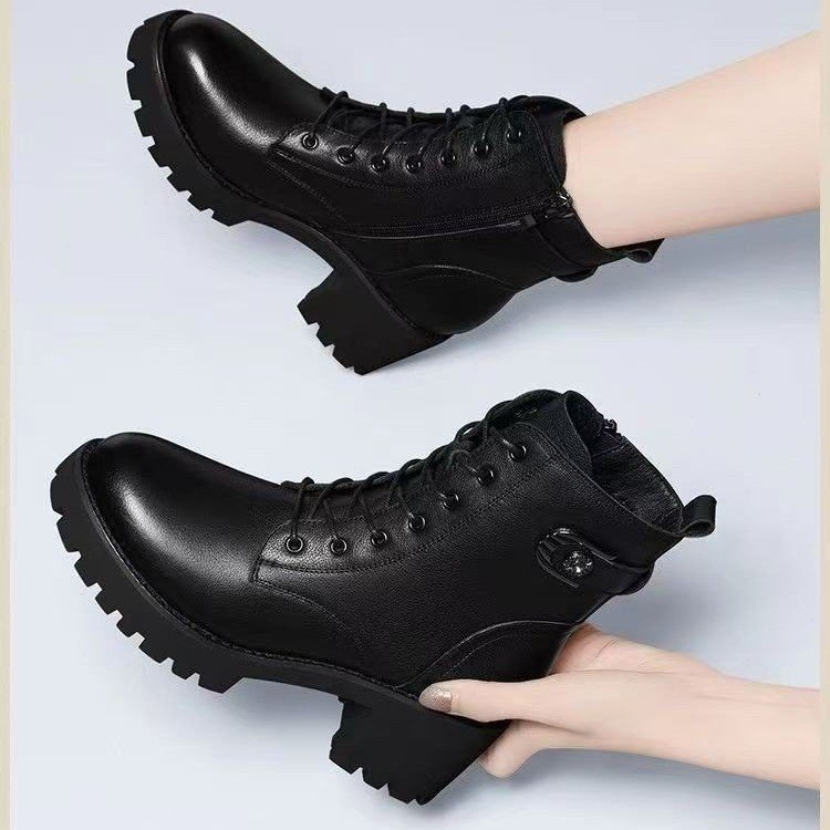 Ghete Martin cu toc gros, până la gambe, fermoar, căptușeală călduroasă, talpă din cauciuc