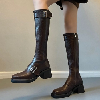 Cizme de iarnă pentru femei - partea superioară PU, talpă din cauciuc, fermoar lateral, gât înalt, toc tip pană