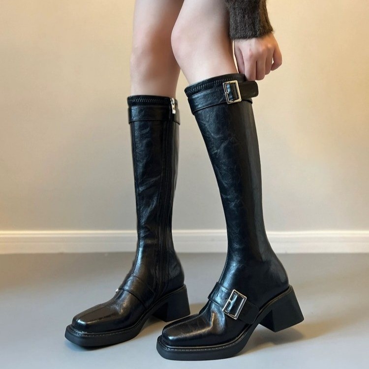 Cizme de iarnă pentru femei - partea superioară PU, talpă din cauciuc, fermoar lateral, gât înalt, toc tip pană