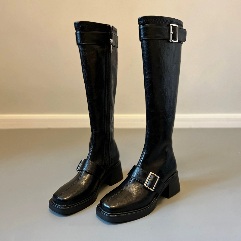 Cizme de iarnă pentru femei - partea superioară PU, talpă din cauciuc, fermoar lateral, gât înalt, toc tip pană