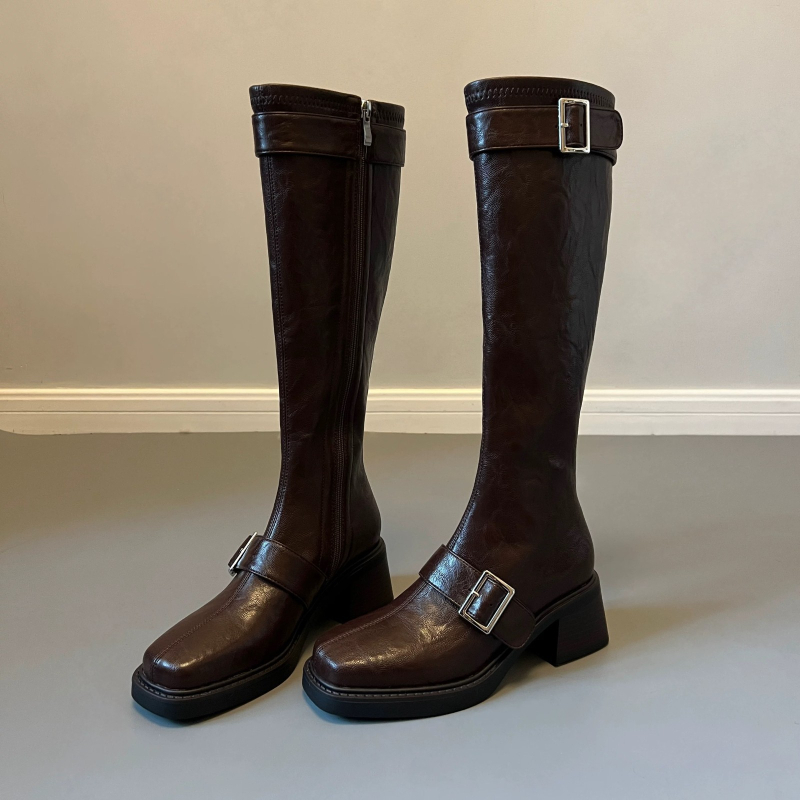 Cizme de iarnă pentru femei - partea superioară PU, talpă din cauciuc, fermoar lateral, gât înalt, toc tip pană