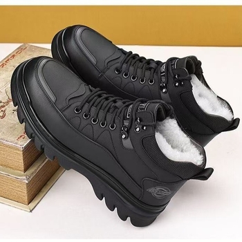 Pantofi de iarnă din bumbac pentru bărbați, căptușiți, partea superioară din piele sintetică, talpă PVC antiderapantă, șireturi, vârf rotund