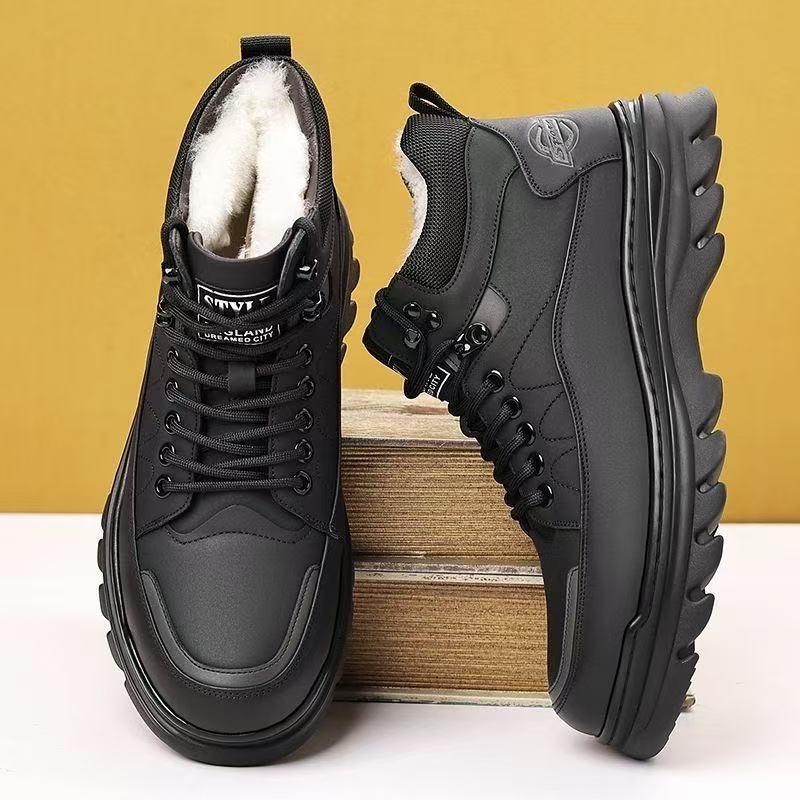 Pantofi de iarnă din bumbac pentru bărbați, căptușiți, partea superioară din piele sintetică, talpă PVC antiderapantă, șireturi, vârf rotund