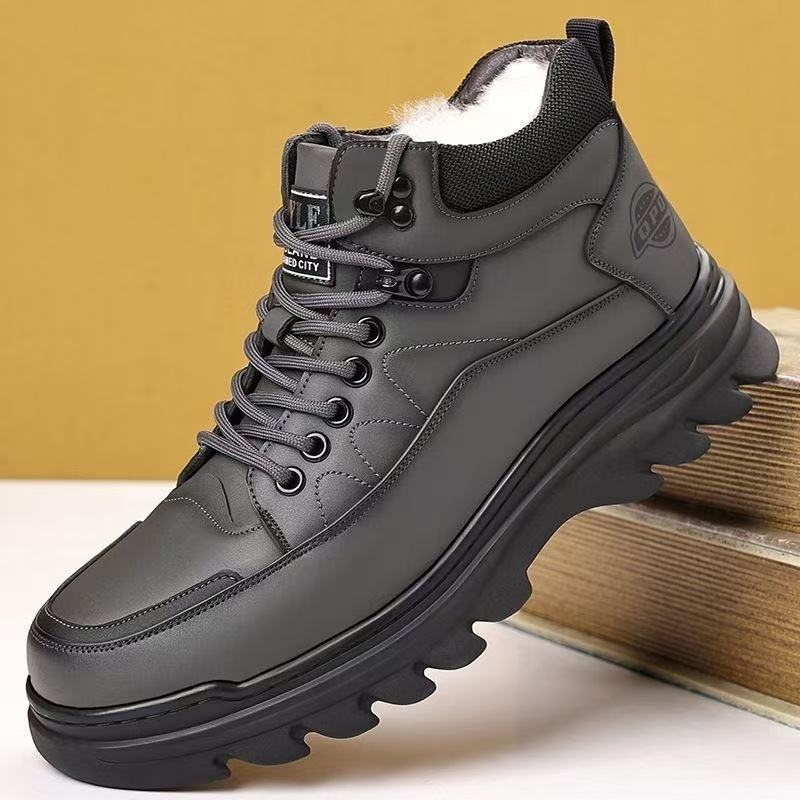 Pantofi de iarnă din bumbac pentru bărbați, căptușiți, partea superioară din piele sintetică, talpă PVC antiderapantă, șireturi, vârf rotund