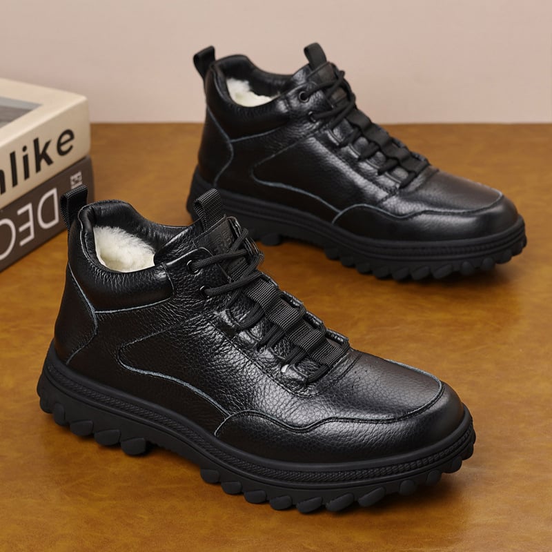 Papuci de casă pentru bărbați din piele de vițel de înaltă calitate, căptuțiți cu lână de oaie, calzi, impermeabili, talpă din cauciuc antiderapant, construcție groasă