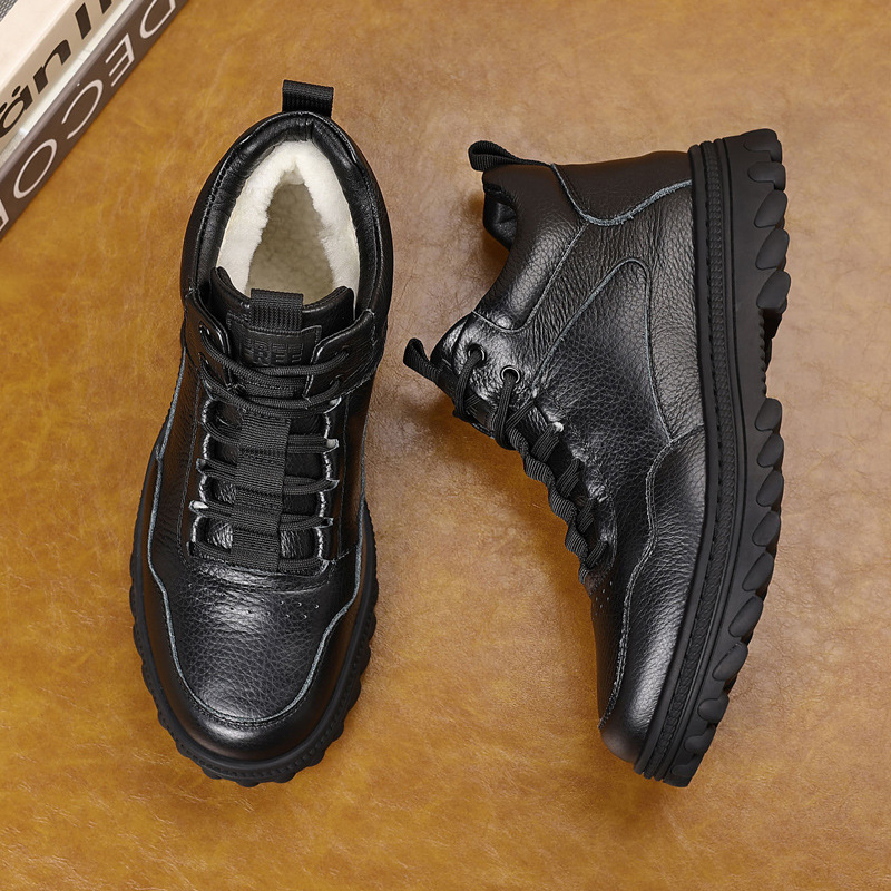 Papuci de casă pentru bărbați din piele de vițel de înaltă calitate, căptuțiți cu lână de oaie, calzi, impermeabili, talpă din cauciuc antiderapant, construcție groasă