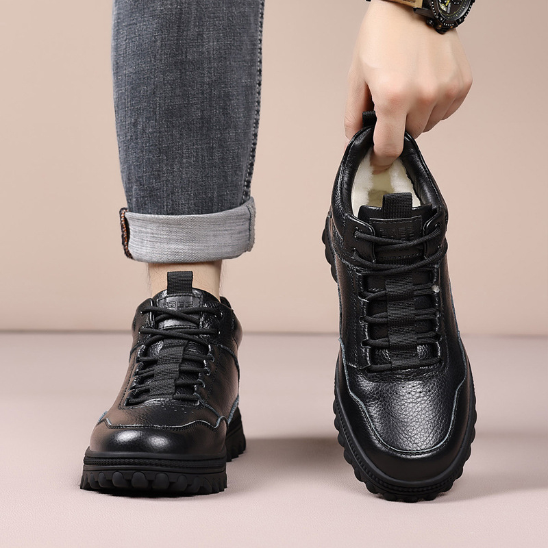 Papuci de casă pentru bărbați din piele de vițel de înaltă calitate, căptuțiți cu lână de oaie, calzi, impermeabili, talpă din cauciuc antiderapant, construcție groasă