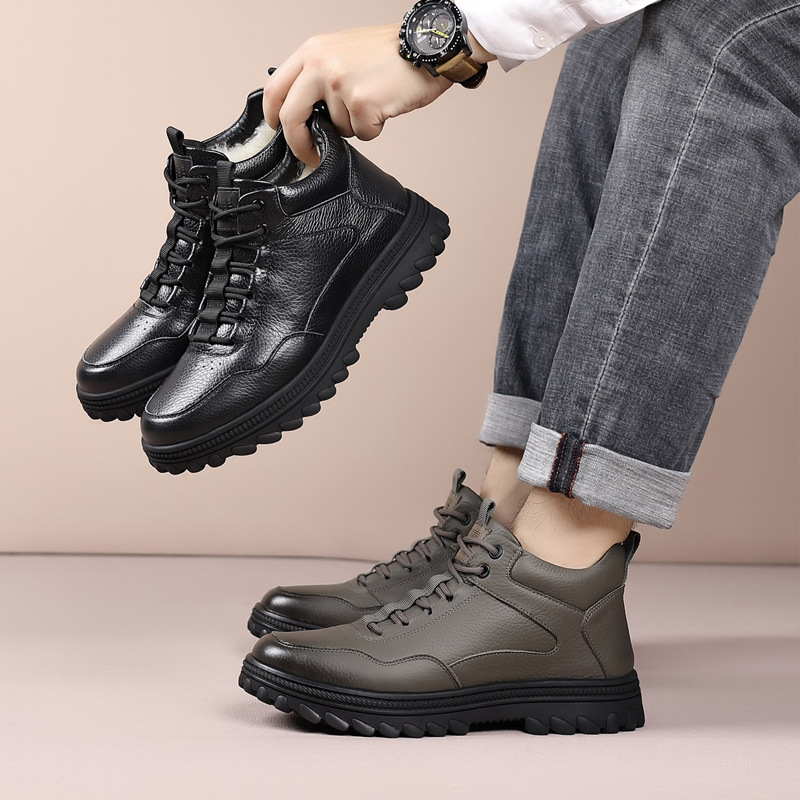 Papuci de casă pentru bărbați din piele de vițel de înaltă calitate, căptuțiți cu lână de oaie, calzi, impermeabili, talpă din cauciuc antiderapant, construcție groasă