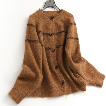 Cardigan tricotat din amestec de lână cu broderie florală, guler rotund, mâneci lungi