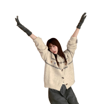 Cardigan tricotat din amestec de lână cu broderie florală, guler rotund, mâneci lungi