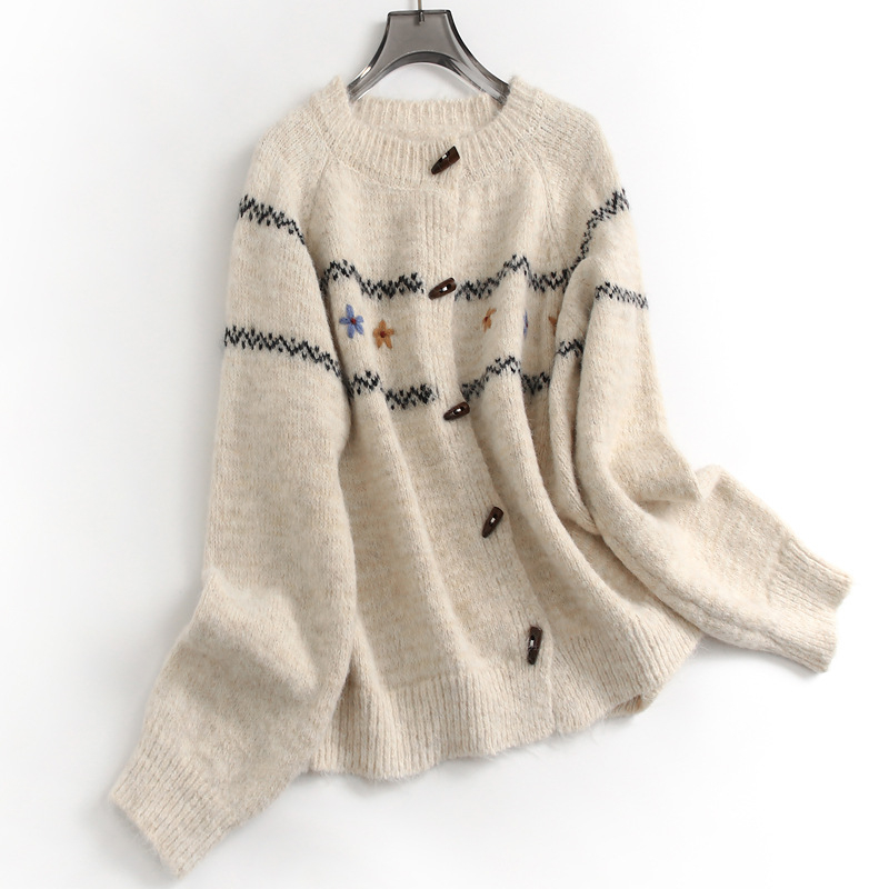 Cardigan tricotat din amestec de lână cu broderie florală, guler rotund, mâneci lungi