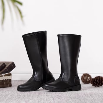 Bőr katonai stílusú csizma, magas szár, oldalsó cipzár, kerek orr, 3–5 cm sarok