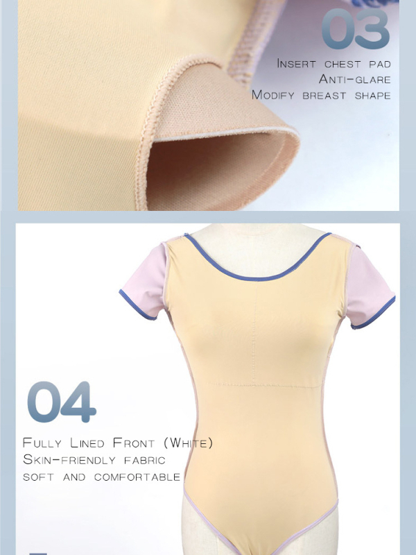 Pre dospelé ženy: tanečný bodysuit s V-krkom a otvoreným chrbtom, krátke rukávy, nylonový materiál s podšívkou Milk Silk