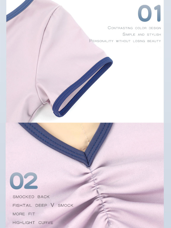 Pre dospelé ženy: tanečný bodysuit s V-krkom a otvoreným chrbtom, krátke rukávy, nylonový materiál s podšívkou Milk Silk