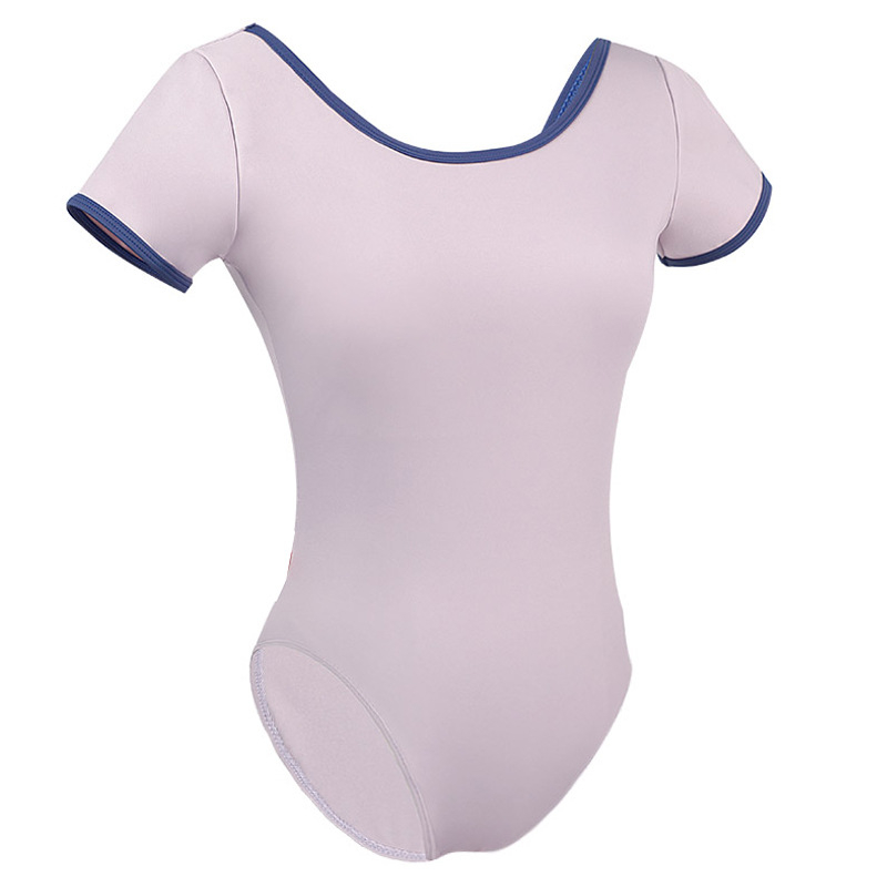 Pre dospelé ženy: tanečný bodysuit s V-krkom a otvoreným chrbtom, krátke rukávy, nylonový materiál s podšívkou Milk Silk