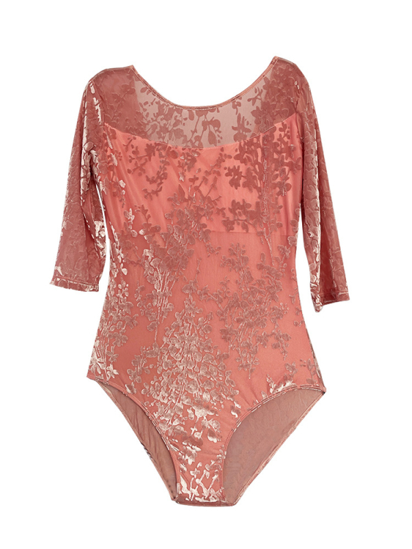 Bodysuit na latinské tance – dlhý rukáv, okrúhly výstrih, kvetinový vzor; nylon 80% syntetická zmes; podšívka Milk Silk, 80% polyester.