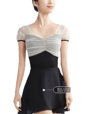 Dámsky jednorazový tanečný unitár s krátkymi rukávmi, matný nylon, 88% nylon, mliečna podšívka, jednofarebný vzor; vhodný pre balet, brušný tanec, latino a ballroom; dospelé ženy