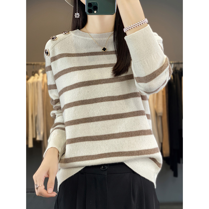 Kašmírový sveter so pruhovaným vzorom, okrúhly výstrih, dlhé rukávy, pravidelný strih, 95% kašmír, elegantný štýl