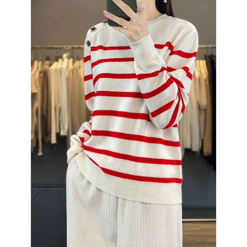 Kašmírový sveter so pruhovaným vzorom, okrúhly výstrih, dlhé rukávy, pravidelný strih, 95% kašmír, elegantný štýl