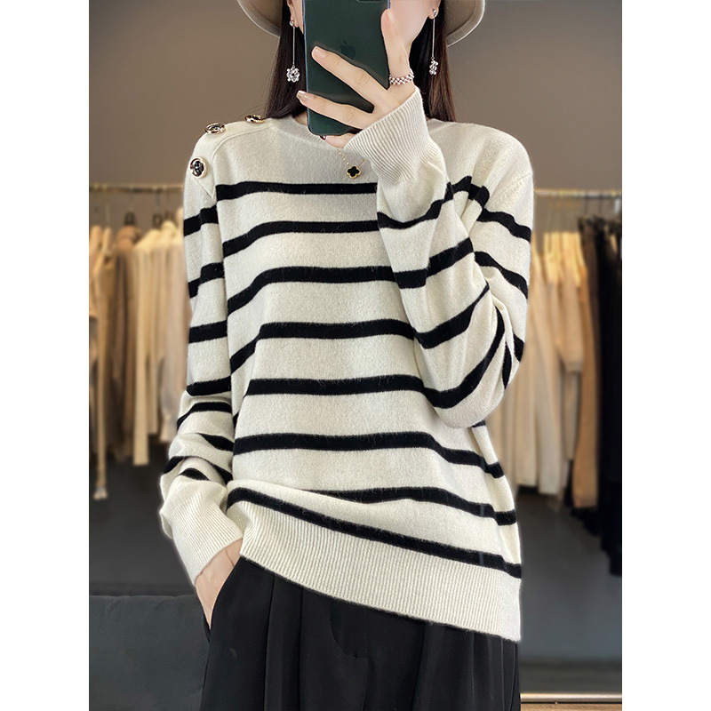 Kašmírový sveter so pruhovaným vzorom, okrúhly výstrih, dlhé rukávy, pravidelný strih, 95% kašmír, elegantný štýl