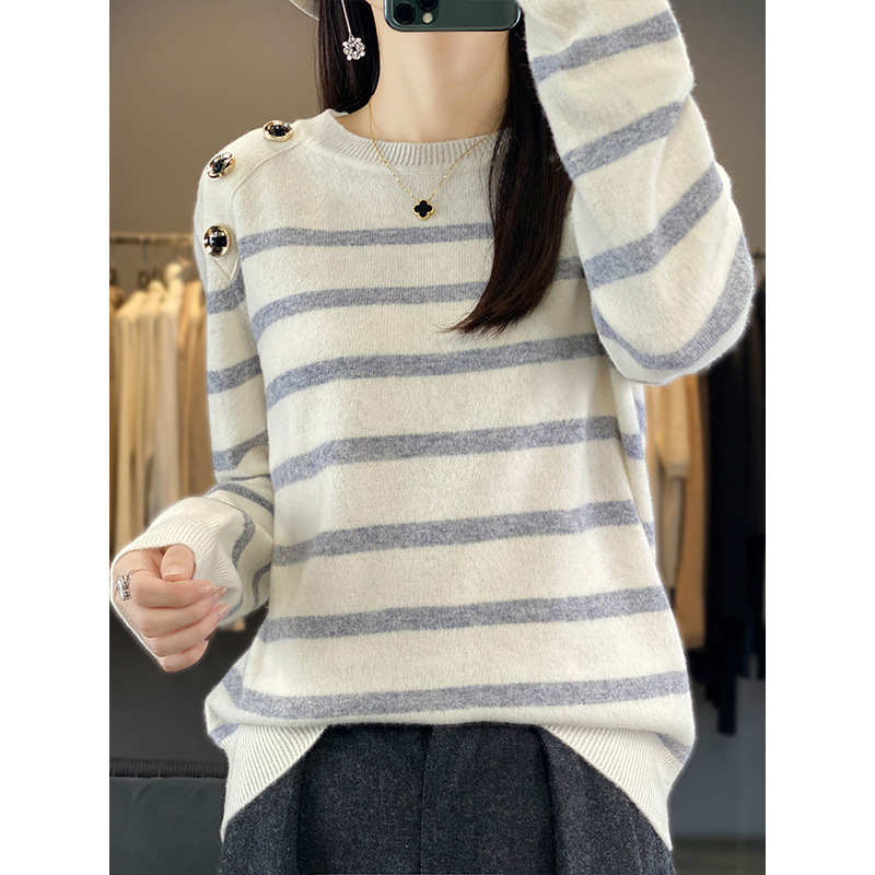 Kašmírový sveter so pruhovaným vzorom, okrúhly výstrih, dlhé rukávy, pravidelný strih, 95% kašmír, elegantný štýl