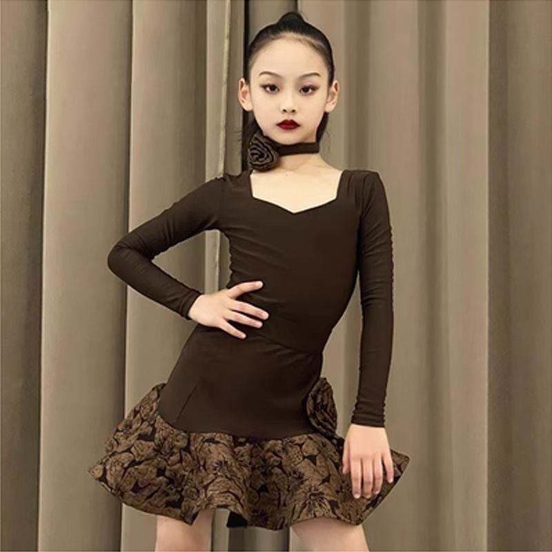 Латински танцов костюм за момичета с fishbone mesh и голяма пола - пролет 2025, TR плат, PVC ≤30%