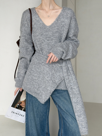 Pulover tricotat din lână pentru femei, croială lejeră, guler în V, mâneci lungi, lungime obișnuită – stil casual japonez-coreean, 8802