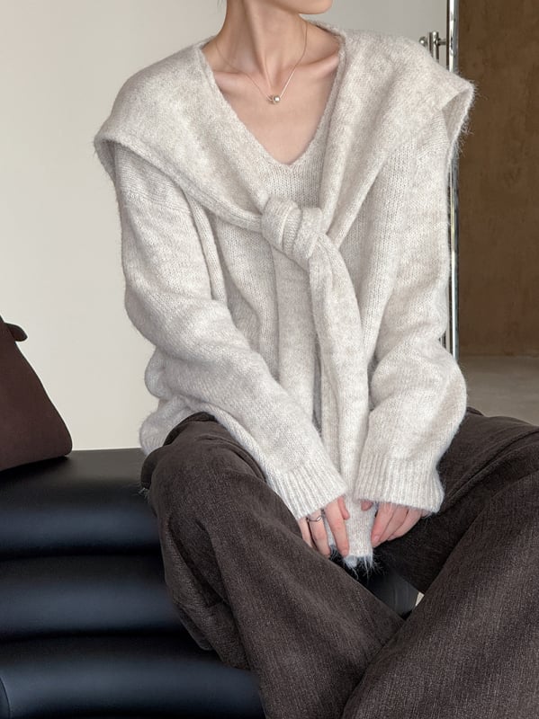 Pulover tricotat din lână pentru femei, croială lejeră, guler în V, mâneci lungi, lungime obișnuită – stil casual japonez-coreean, 8802