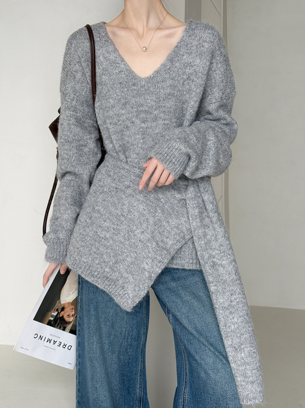 Pulover tricotat din lână pentru femei, croială lejeră, guler în V, mâneci lungi, lungime obișnuită – stil casual japonez-coreean, 8802