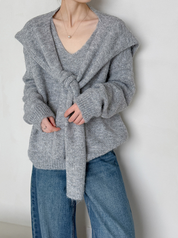 Pulover tricotat din lână pentru femei, croială lejeră, guler în V, mâneci lungi, lungime obișnuită – stil casual japonez-coreean, 8802