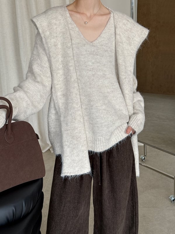 Pulover tricotat din lână pentru femei, croială lejeră, guler în V, mâneci lungi, lungime obișnuită – stil casual japonez-coreean, 8802