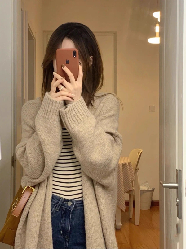 Cardigan tricot pentru femei, culoare solidă, lungime lungă (80–100 cm), mâneci lungi, fără nasturi