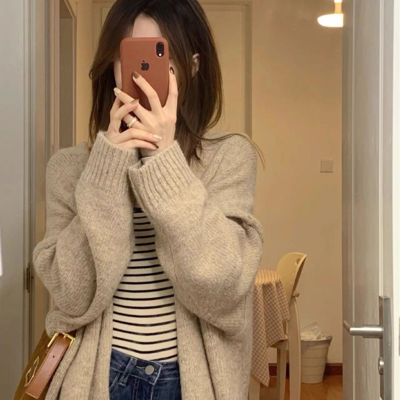 Cardigan tricot pentru femei, culoare solidă, lungime lungă (80–100 cm), mâneci lungi, fără nasturi