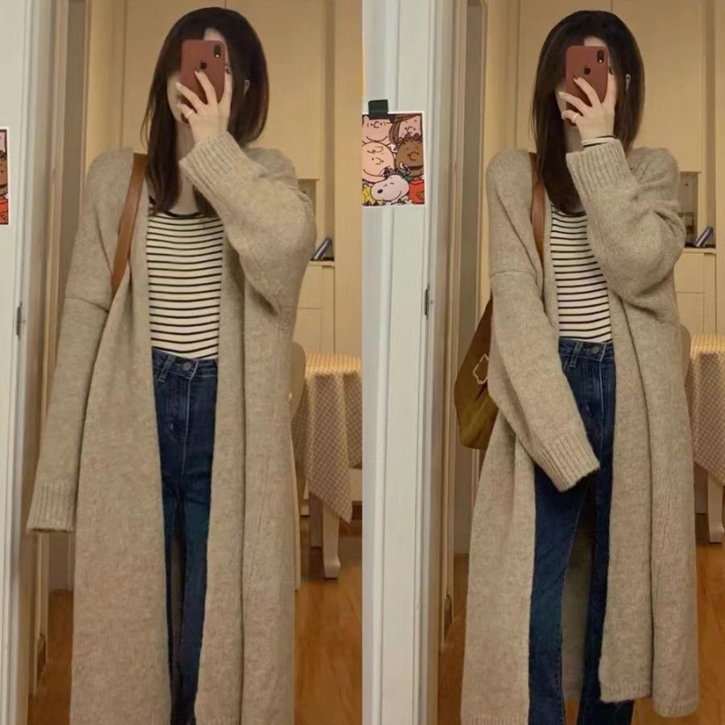 Cardigan tricot pentru femei, culoare solidă, lungime lungă (80–100 cm), mâneci lungi, fără nasturi