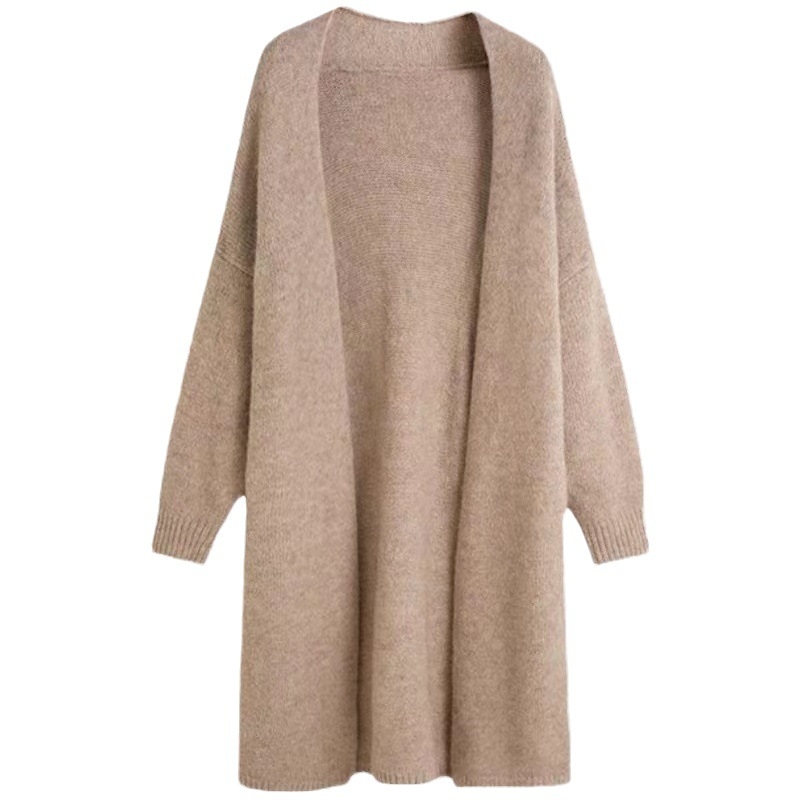 Cardigan tricot pentru femei, culoare solidă, lungime lungă (80–100 cm), mâneci lungi, fără nasturi