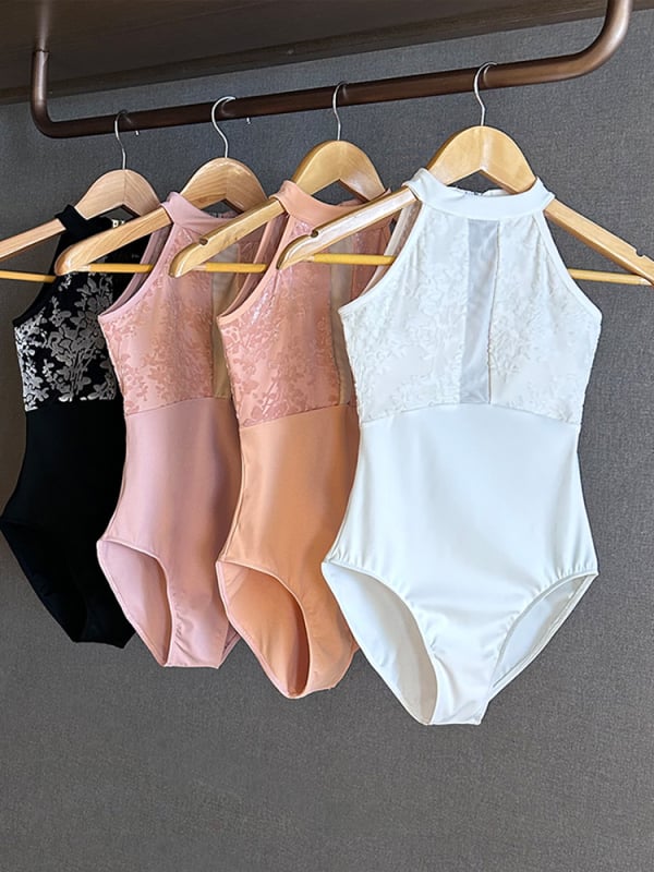 Kvetinový halter-neck jednodelný tanečný leotard, materiál 80% nylon, podšívka bavlneného zmesi