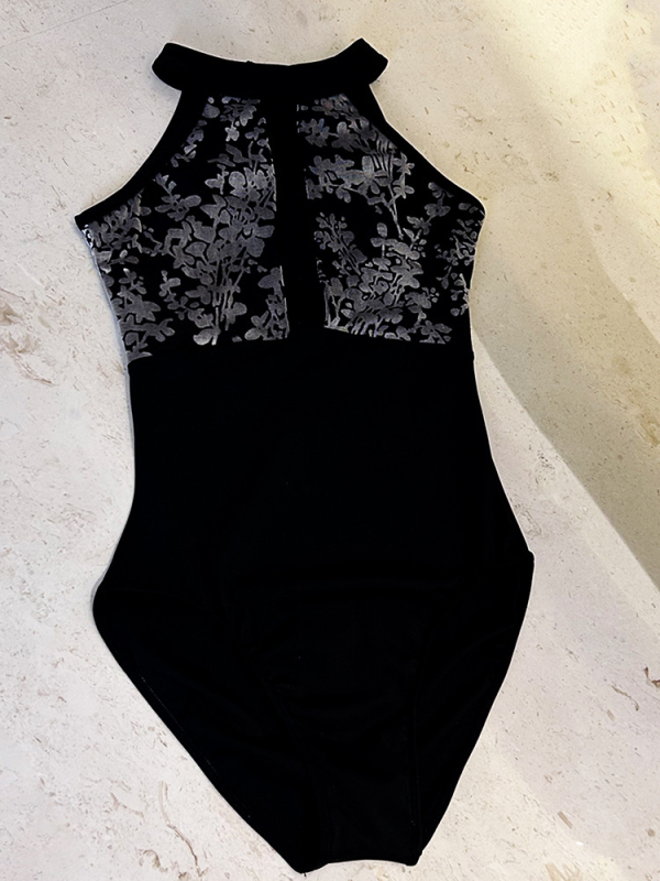 Kvetinový halter-neck jednodelný tanečný leotard, materiál 80% nylon, podšívka bavlneného zmesi