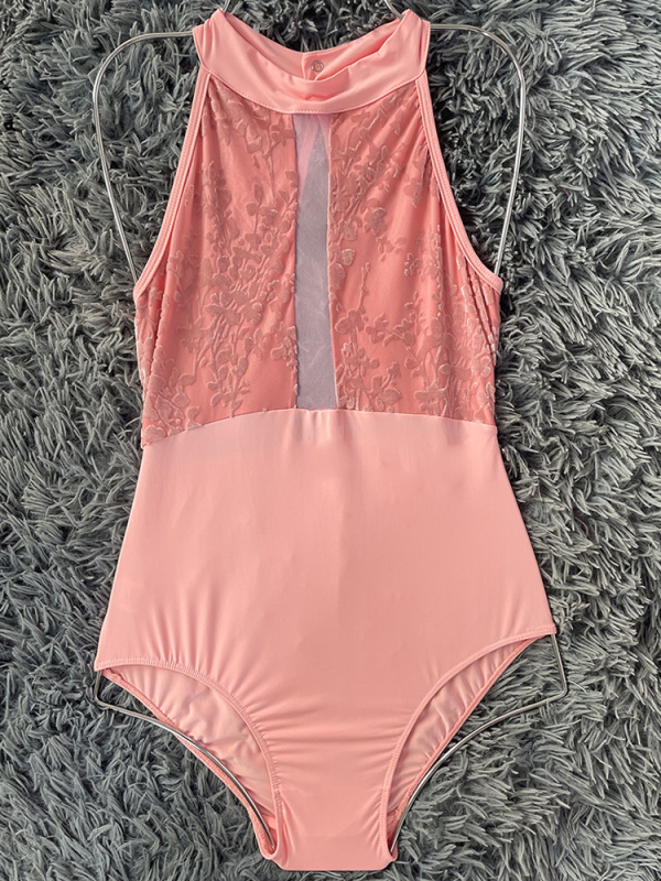 Kvetinový halter-neck jednodelný tanečný leotard, materiál 80% nylon, podšívka bavlneného zmesi